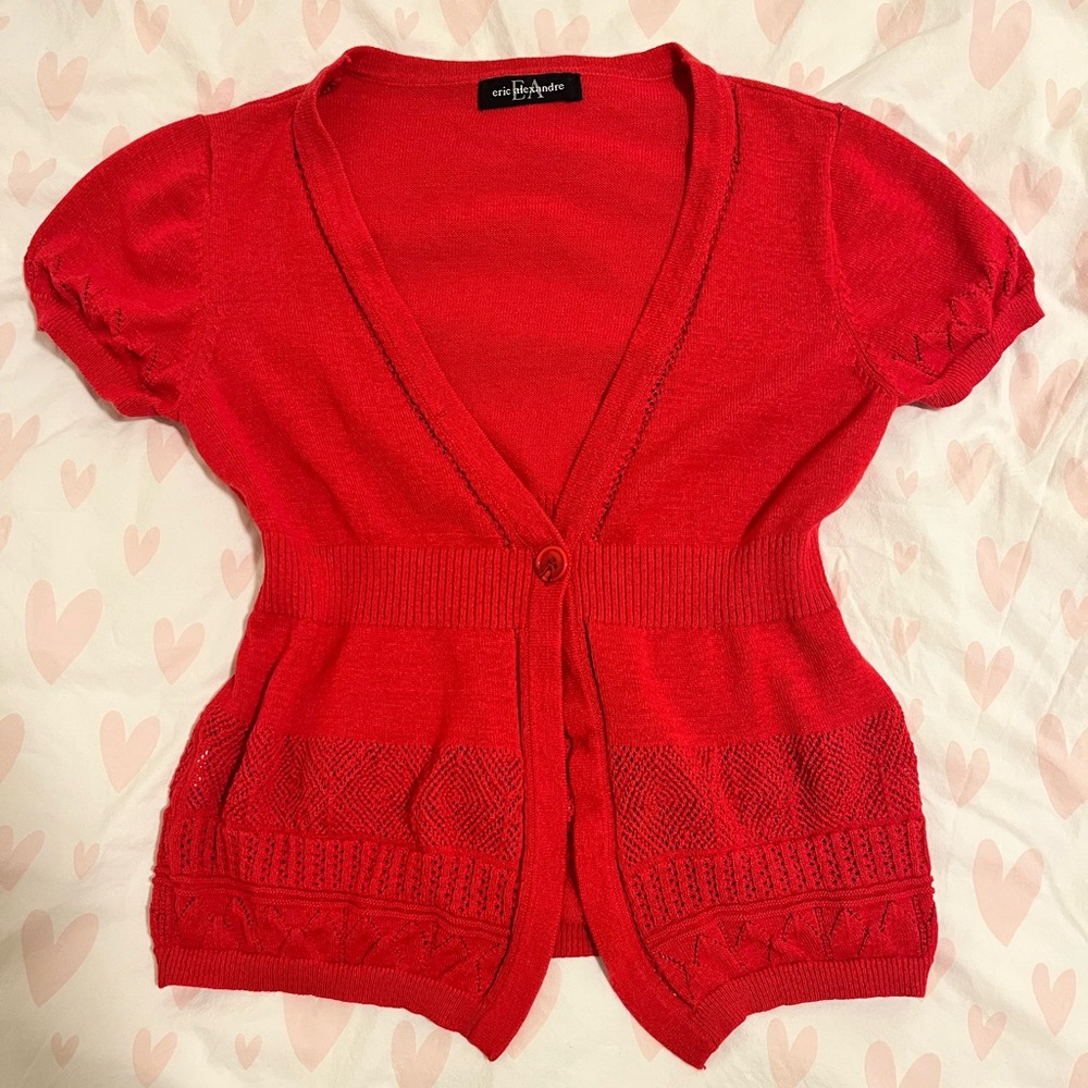 red vintage pointelle stitch short-sleeve cardigan